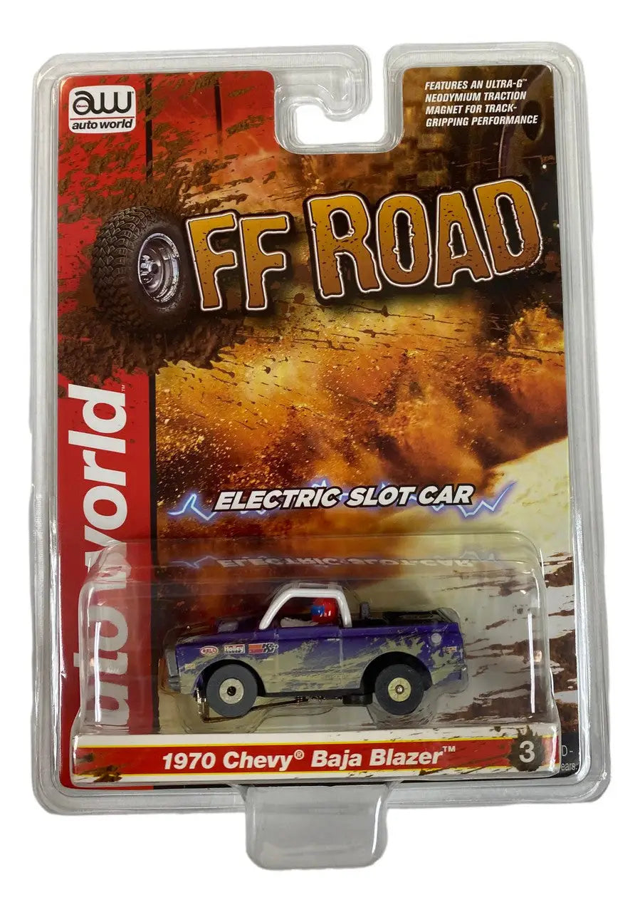 Packaged toy model of a 1970 Chevy Baja Blazer in Baja Blazer Purple SC375 R1 Slot Car