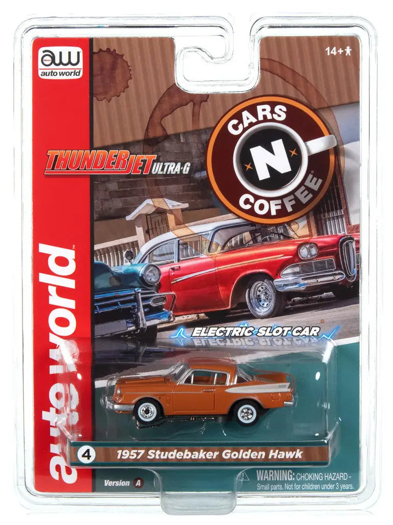 Die-cast model car of a 1957 Studebaker Golden Hawk in orange packaging for SC392 R2 Slot