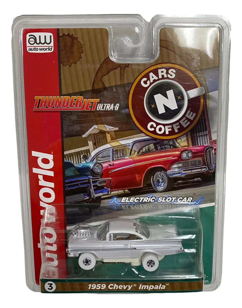 Packaged toy model of a 1959 Chevy Impala in AW Thunder Jet Cars N Coffee SC392 R2 Slot