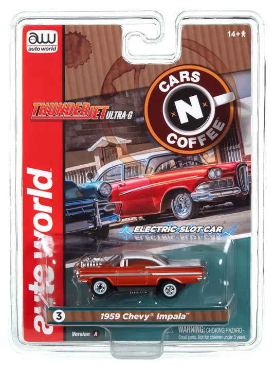 Die-cast red 1959 Chevy Impala model in packaging for Thunder Jet Cars N Coffee SC392 R2 Slot