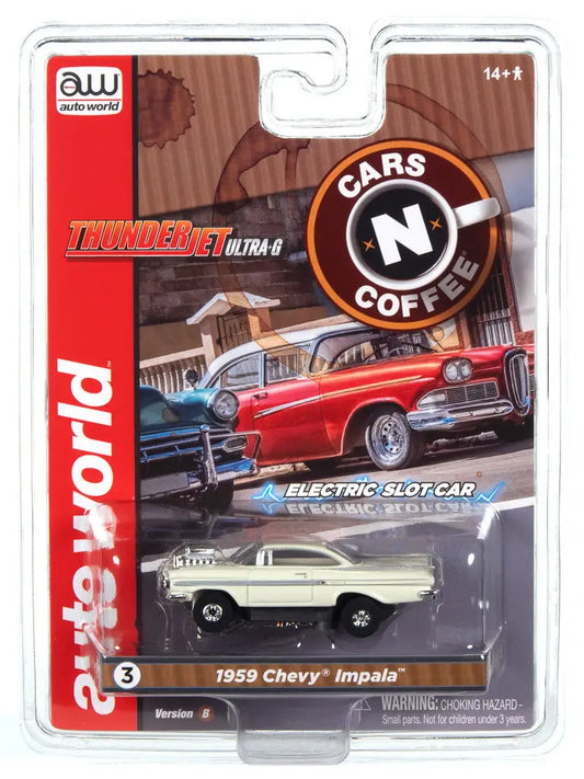 Die-cast model car of a 1959 Chevy Impala in packaging for SC392 R2 Slot Cars N Coffee