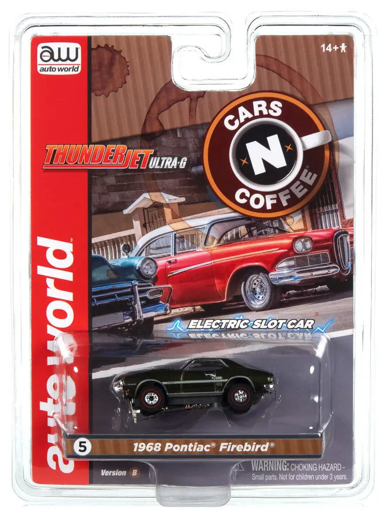 Die-cast model car of 1969 Pontiac Firebird in packaging for SC392 R2 Slot Cars N Coffee