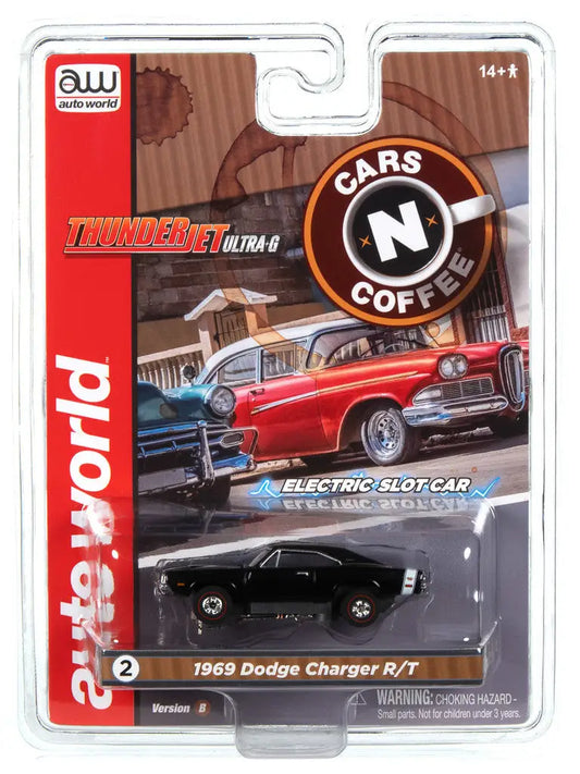 Die-cast model car of a 1969 Dodge Charger R/T in packaging for Thunder Jet Cars N Coffee