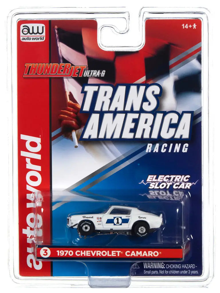 Packaged toy model of 1970 Chevrolet Camaro from AW Thunderjet SC362 R32 Trans America Racing