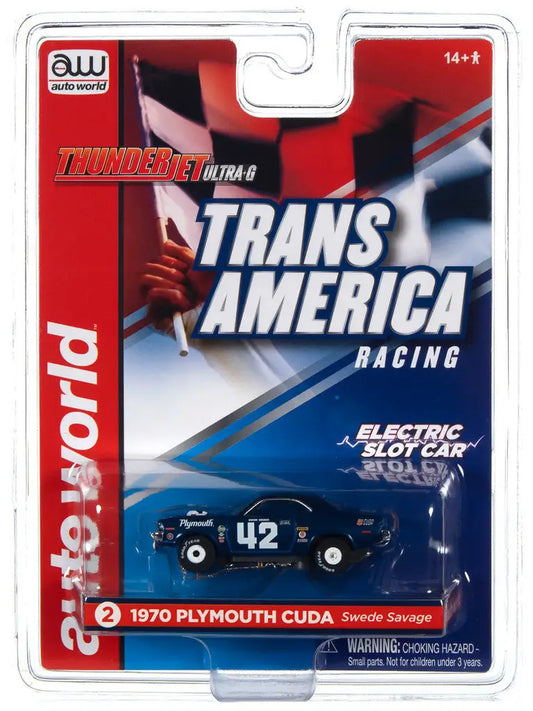 Packaged toy car model of 1970 Plymouth Cuda for AW Thunderjet SC362 R32 Trans America Racing