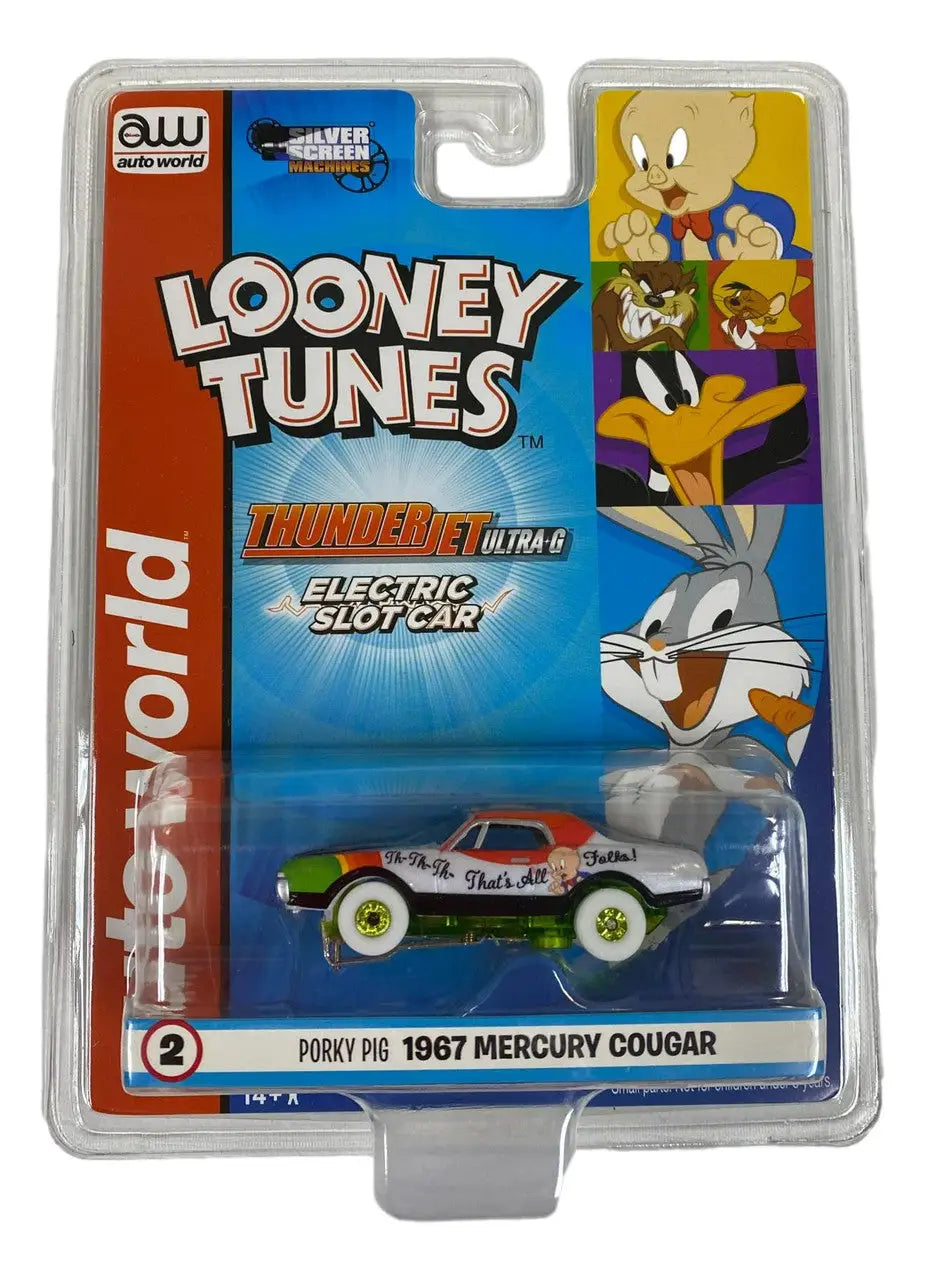 Packaged toy car featuring Looney Tunes characters on a 1967 Mercury Cougar from Thunderjet SC363 R33