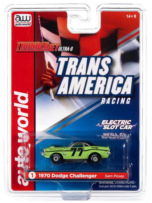 Packaged green 1970 Dodge Challenger model from AW Thunderjet Ultra-G SC357 R30 Trans America Slot