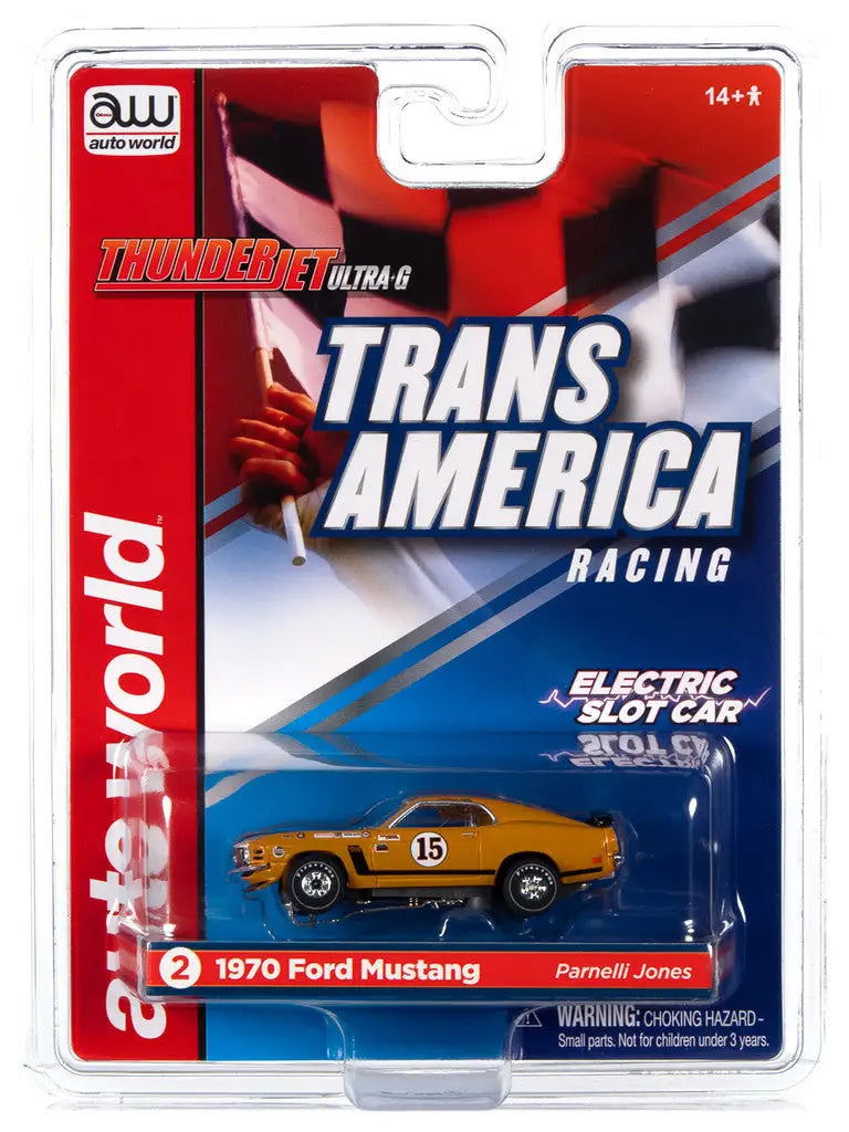 Packaged 1970 Ford Mustang toy car model in yellow for SC357 R30 Trans America Slot