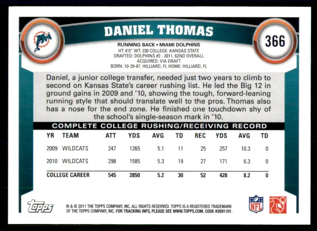 2011 Topps Daniel Thomas Rookie Miami Dolphins #366