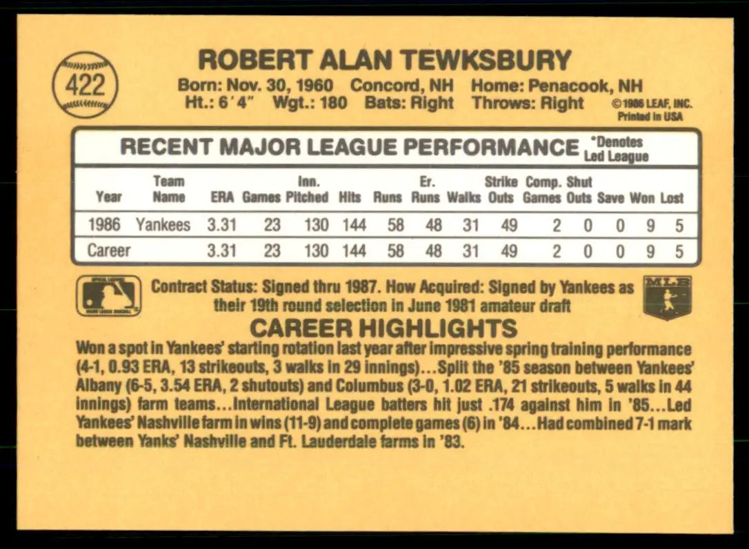 1987 Donruss Bob Tewksbury New York Yankees #422