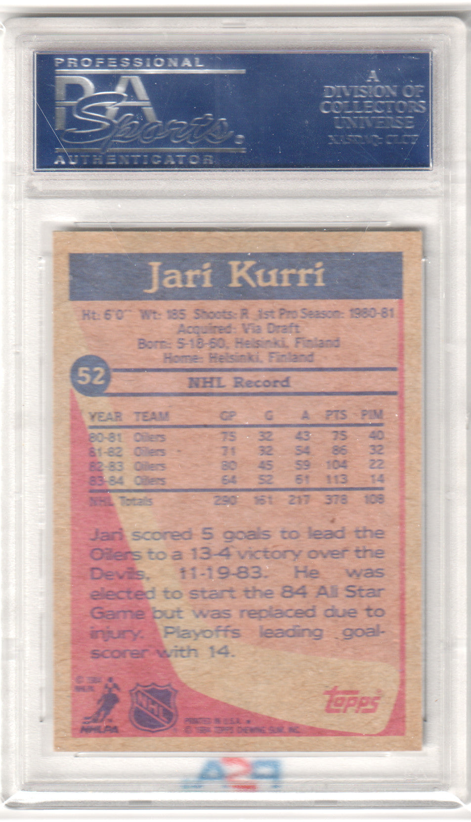 JARI KURRI 1984-85 Topps #52 PSA 9 MINT - OILERS