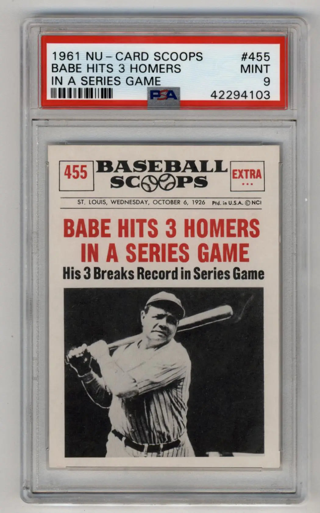 PSA-graded Babe Ruth 1961 Nu-Card Scoops #455 series game achievement collectible