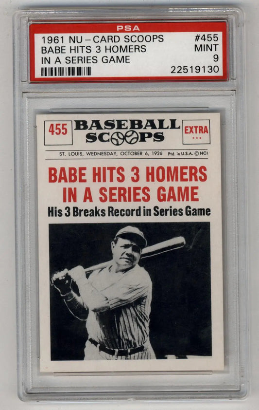 PSA 9 Mint 1961 Nu-Card Scoops Babe Ruth Series Game baseball card showcasing historic feat