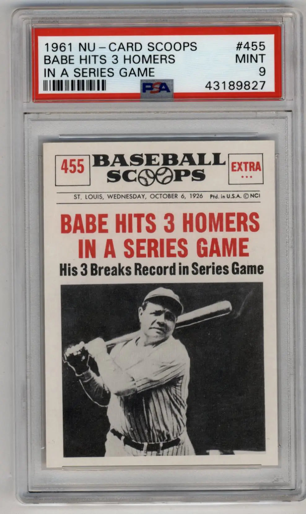 PSA-graded Babe Ruth 1961 Nu-Card Scoops #455 baseball card showcasing series game achievement