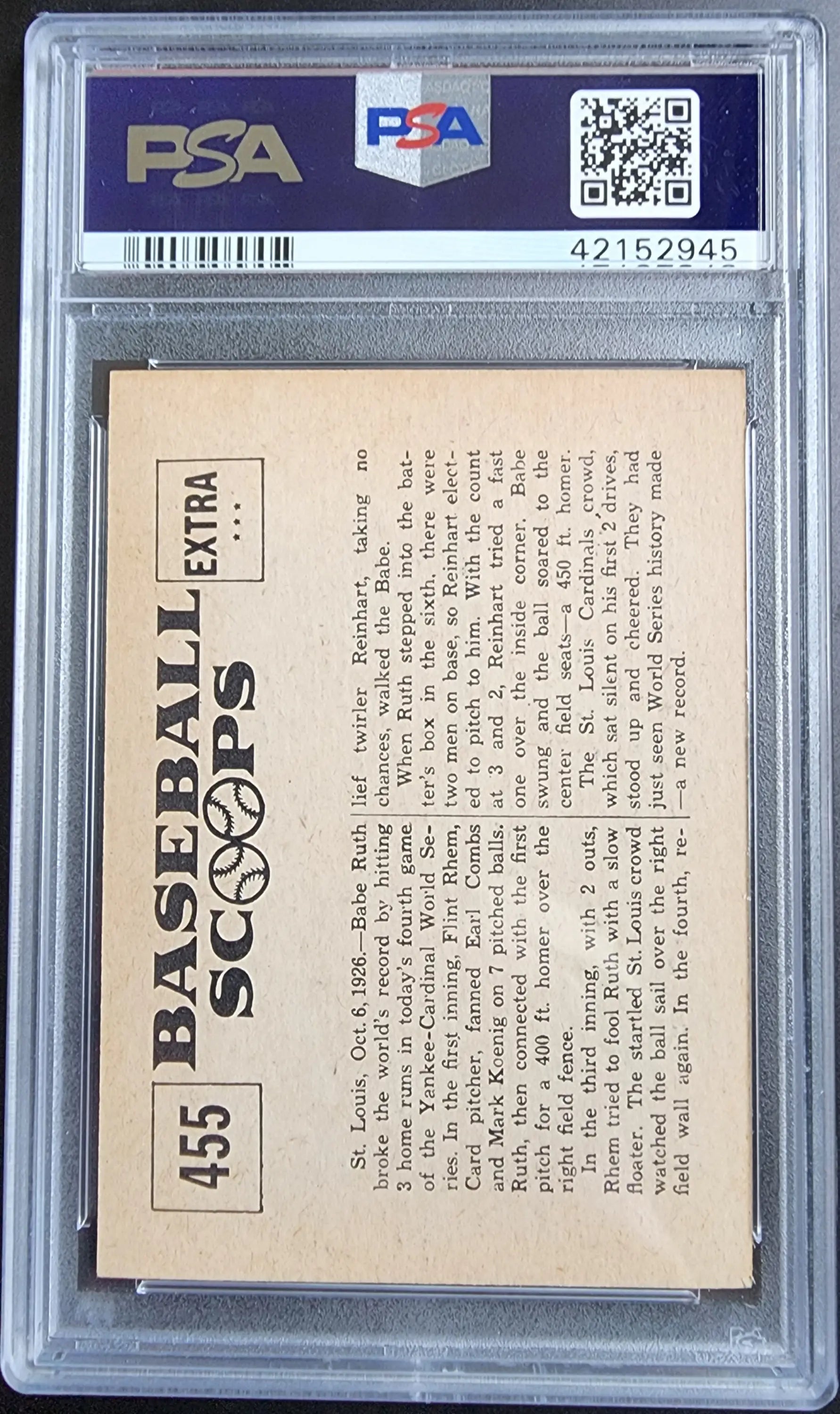 PSA-graded Babe Ruth 1961 Nu-Card Scoops #455 baseball card back with stats