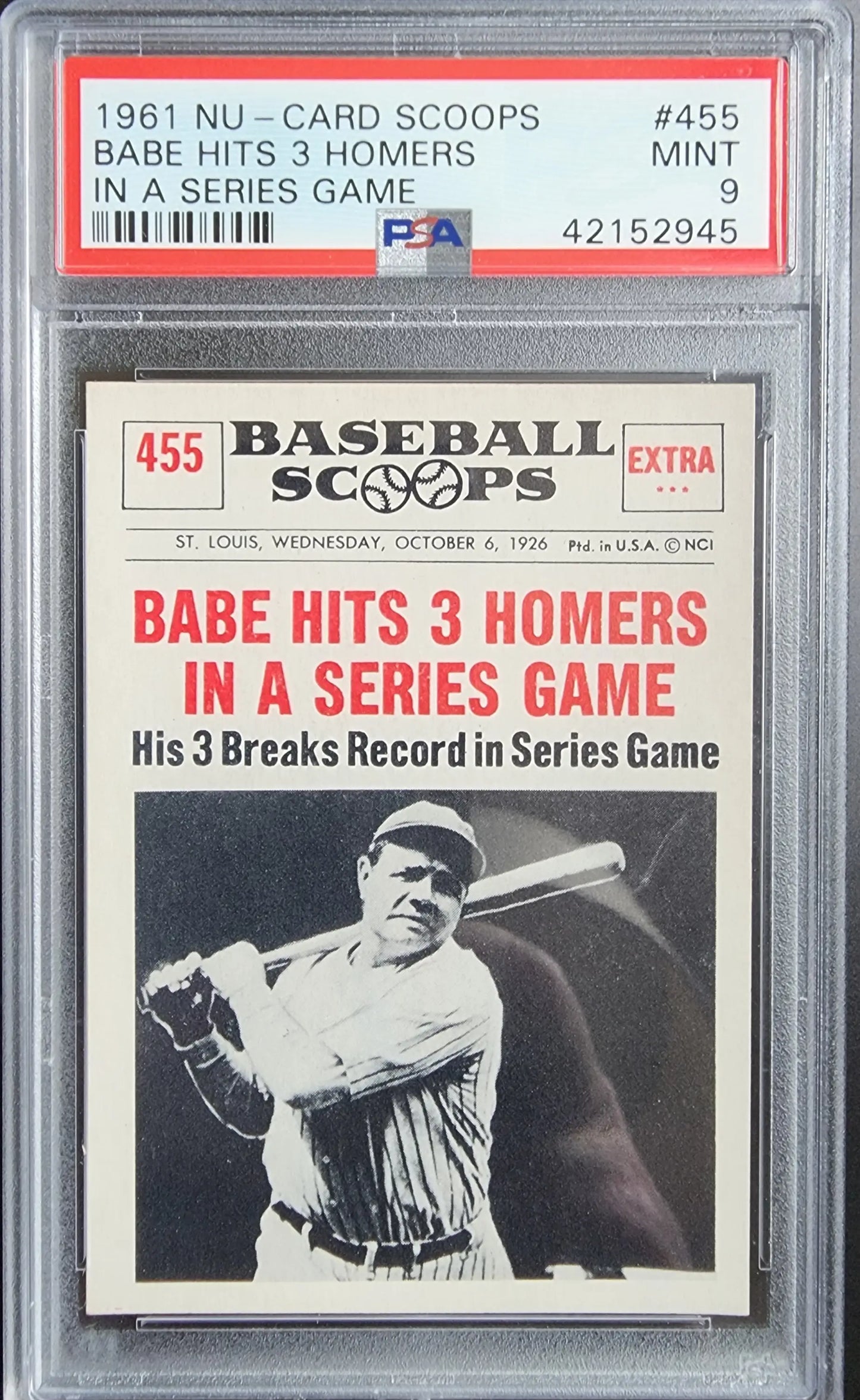 Babe Ruth 1961 Nu-Card Scoops #455 PSA 9 Mint showcasing historic 3-homer World Series game