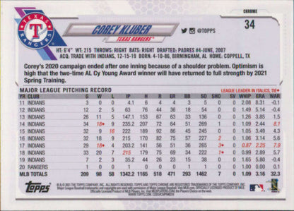 Corey Kluber pitching statistics and career record on Texas Rangers baseball card