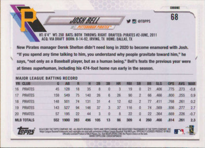 Back of 2021 Topps Chrome #68 Josh Bell Baseball Card with player stats and biography