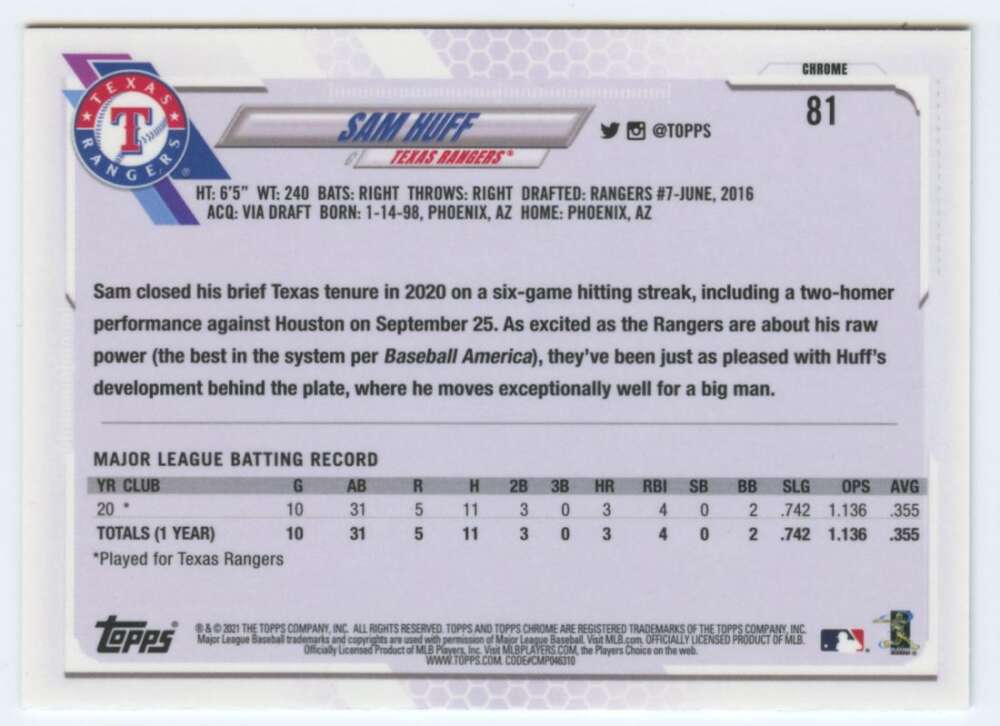 Sam Huff 2021 Topps Chrome Texas Rangers Baseball Card with player statistics