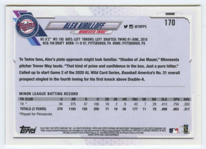 Back of 2021 Topps Chrome #170 Alex Kirilloff Rookie Card with Minnesota Twins stats