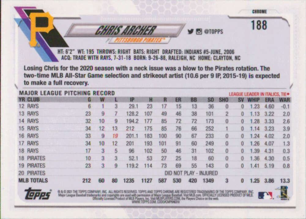 Chris Archer Pittsburgh Pirates baseball card showcasing statistics and career record