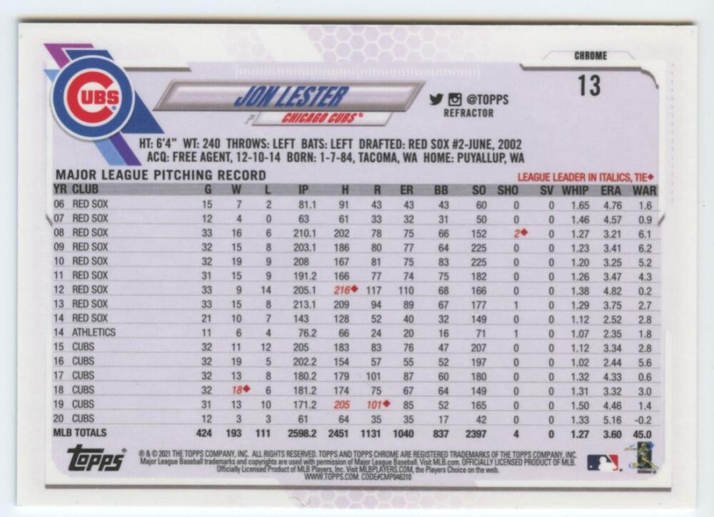 Baseball card featuring Jon Lester stats for Chicago Cubs Topps Chrome Refractor