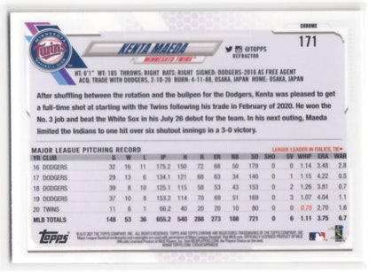 Baseball card back displaying Kenta Maeda MLB stats for Minnesota Twins 2021 Topps Chrome