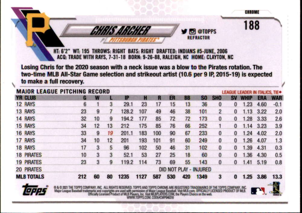 2021 Topps Chrome Refractor #188 Chris Archer baseball card with player statistics