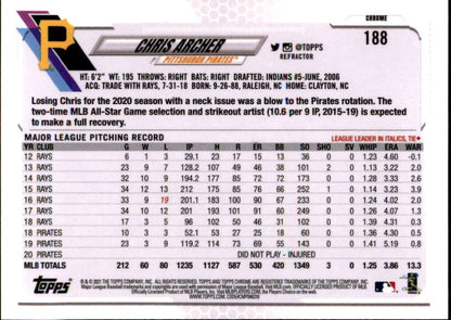 2021 Topps Chrome Refractor #188 Chris Archer baseball card with player statistics