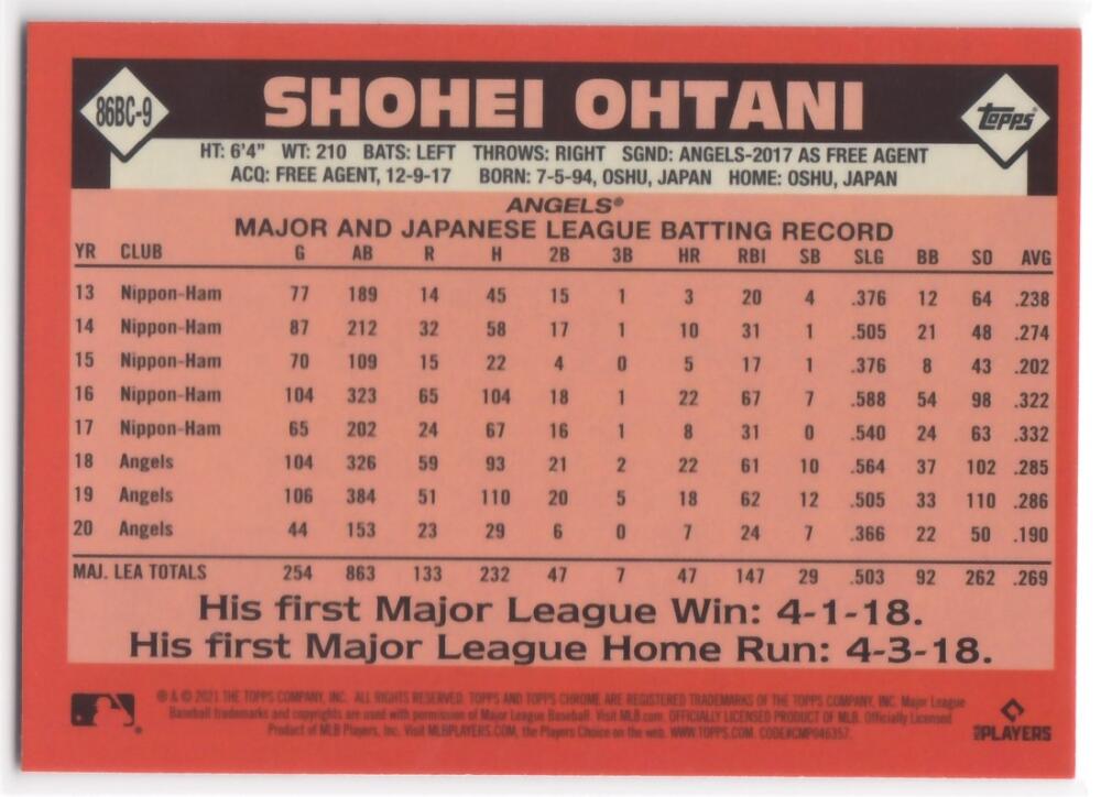 Shohei Ohtani batting statistics on 2021 Topps Chrome Baseball Refractor card