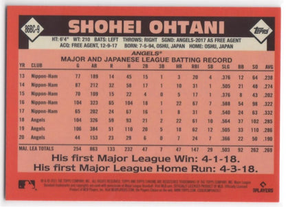 Shohei Ohtani batting statistics on 2021 Topps Chrome Baseball Refractor card