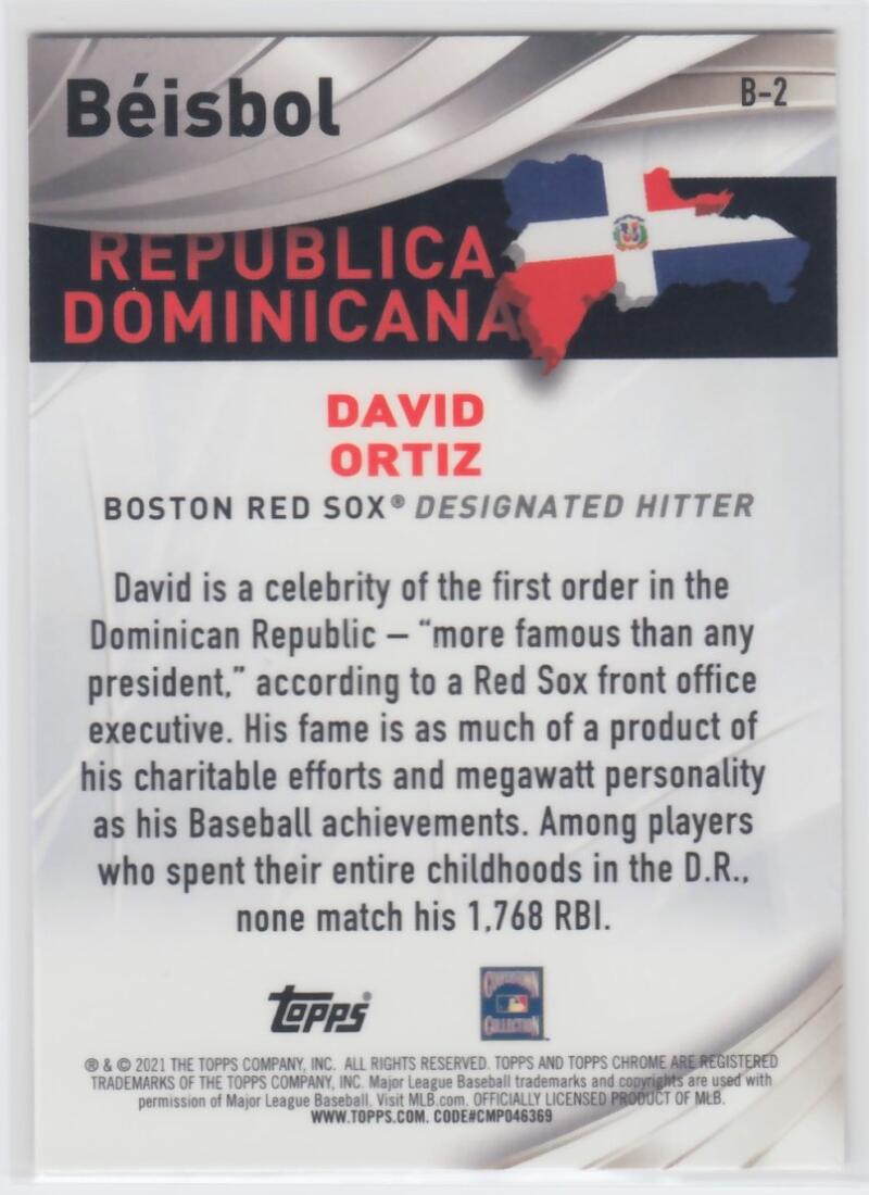 Baseball trading card of David Ortiz with Dominican flag and Red Sox logo from Topps Chrome Beisbol