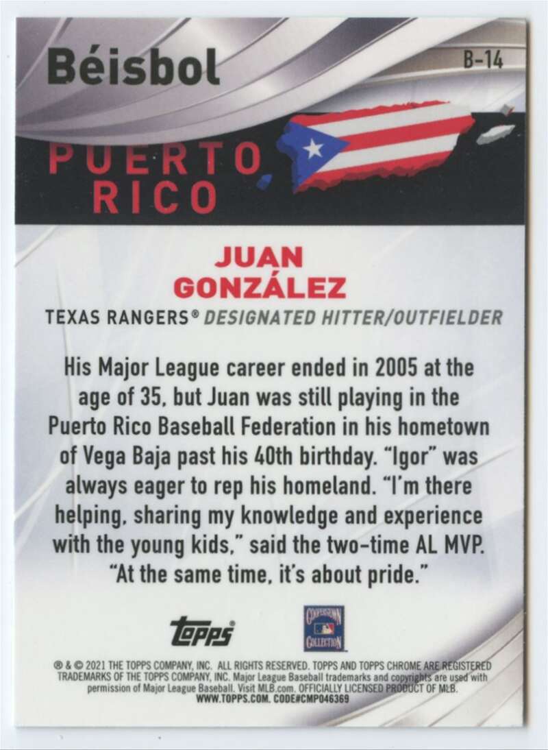 Baseball card of Juan Gonzalez from the Texas Rangers, 2021 Topps Chrome Refractor