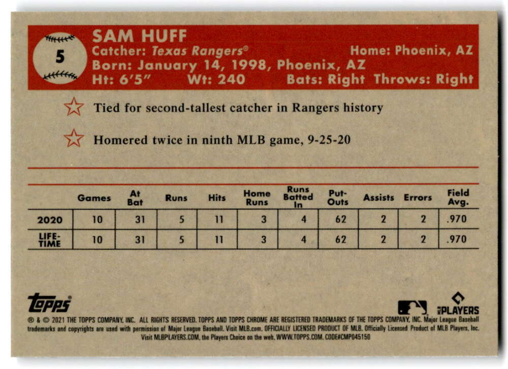 Sam Huff 2021 Topps Chrome Platinum Anniversary Rookie Card for Texas Rangers