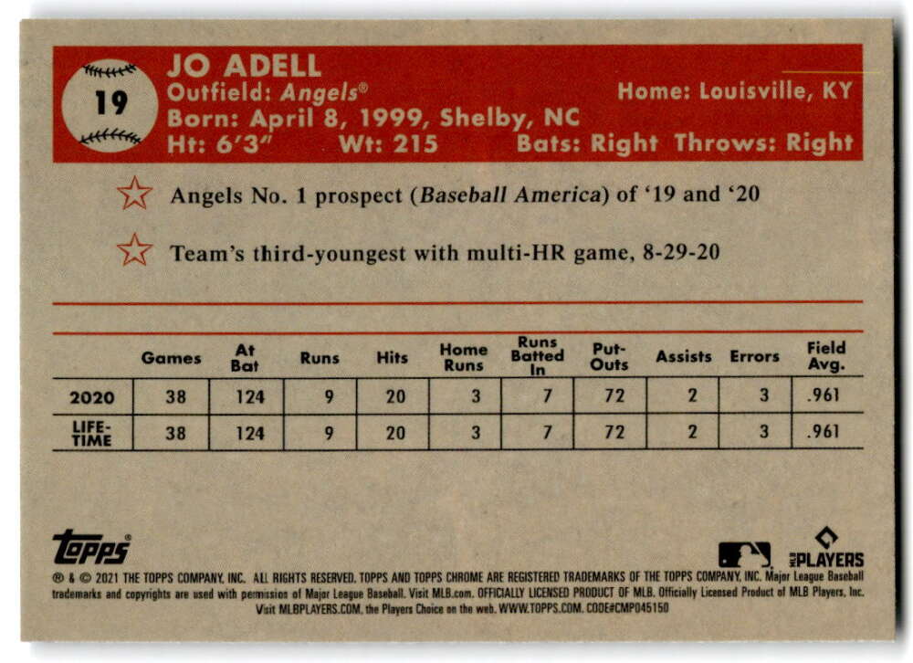 Jo Adell 2020 statistics on 2021 Topps Chrome Platinum Anniversary Los Angeles Angels card