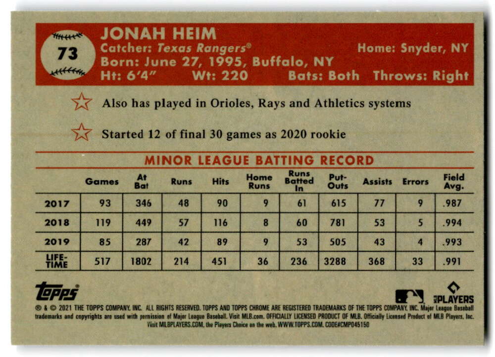 Baseball card of Jonah Heim with minor league stats for Texas Rangers Topps Chrome Platinum