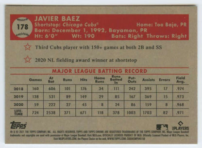 Javier Baez 2021 Topps Chrome Platinum baseball card with MLB statistics and career info