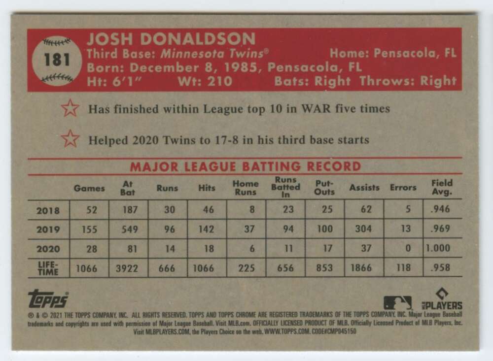 Josh Donaldson statistics on 2021 Topps Chrome Platinum Anniversary baseball card