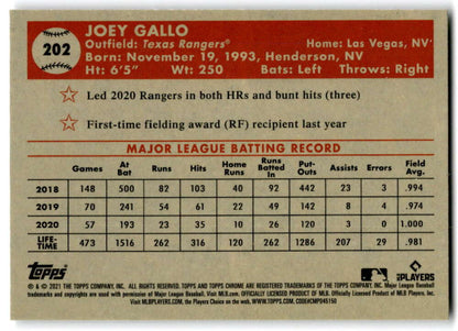 Baseball card featuring Joey Gallo’s MLB stats from Topps Chrome Platinum Anniversary