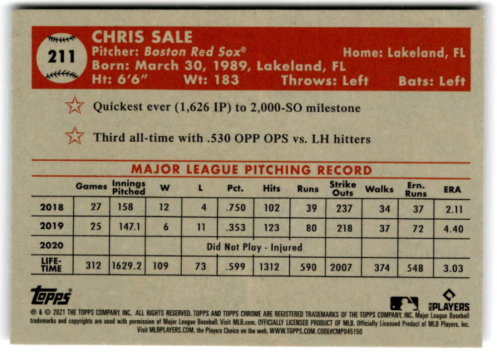 Chris Sale Boston Red Sox pitcher MLB statistics on 2021 Topps Chrome card