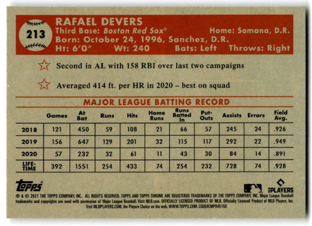 Rafael Devers MLB batting stats card from 2018-2020 for Boston Red Sox collectors