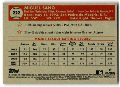 Baseball card featuring Miguel Sano’s stats from Topps Chrome Platinum Anniversary