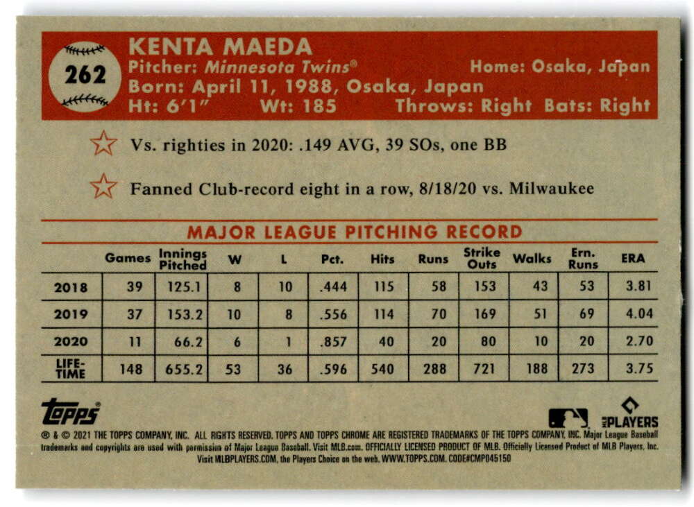 Kenta Maeda 2018-2020 MLB pitching stats on Platinum Anniversary Minnesota Twins card