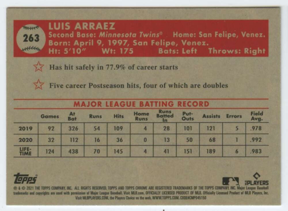 Luis Arraez MLB batting statistics on 2021 Topps Chrome Platinum Anniversary card