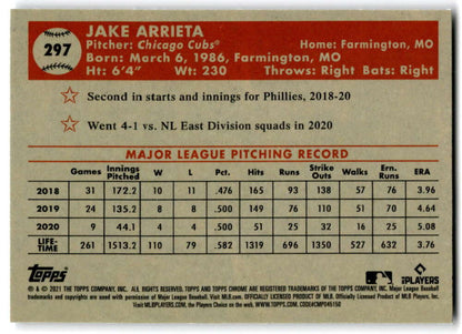 Baseball card featuring Jake Arrieta’s MLB stats for 2018-2020, Chicago Cubs Platinum Anniversary