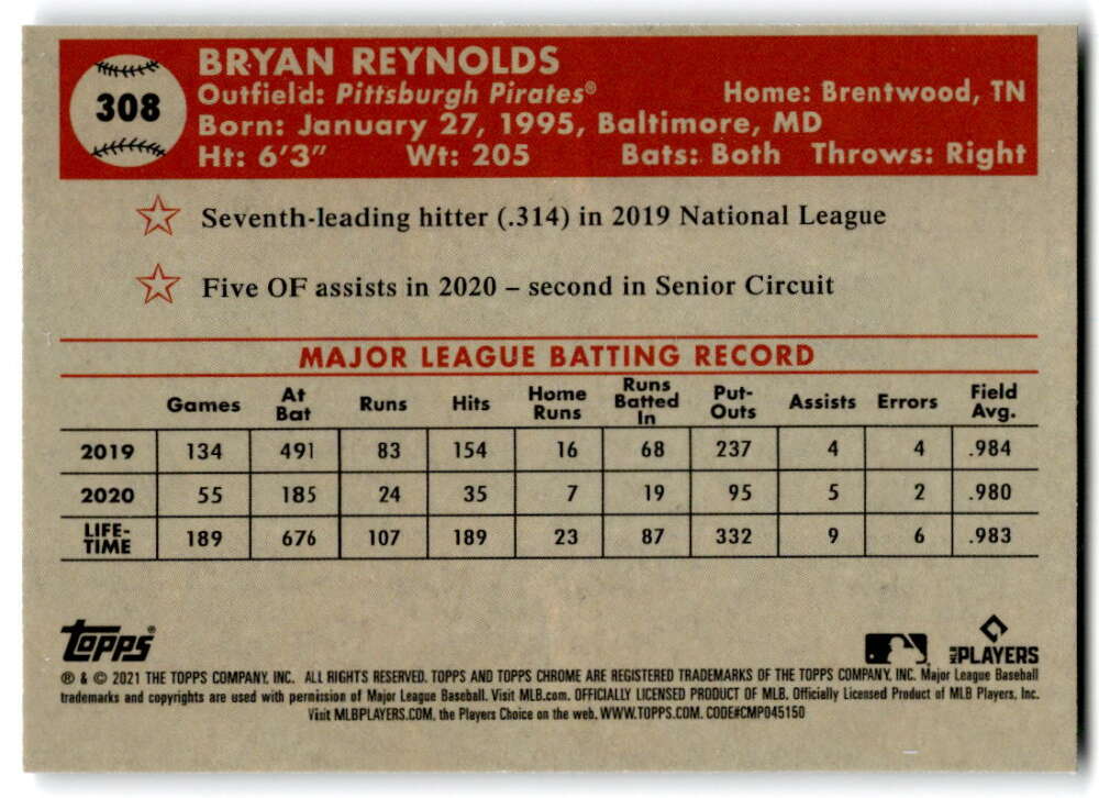 Baseball card featuring Bryan Reynolds, Pittsburgh Pirates Topps Chrome Platinum Anniversary