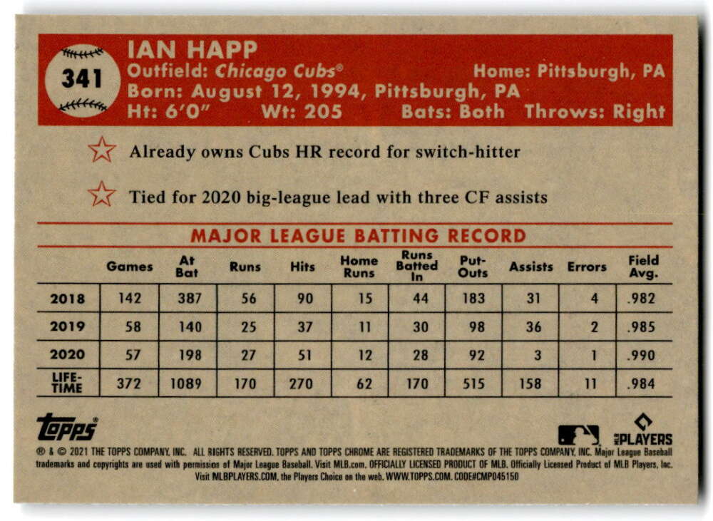 Baseball card of Ian Happ featuring MLB statistics from 2018-2020 Topps Chrome Platinum