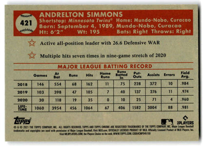 2021 Topps Chrome Platinum Anniversary card featuring Andrelton Simmons statistics