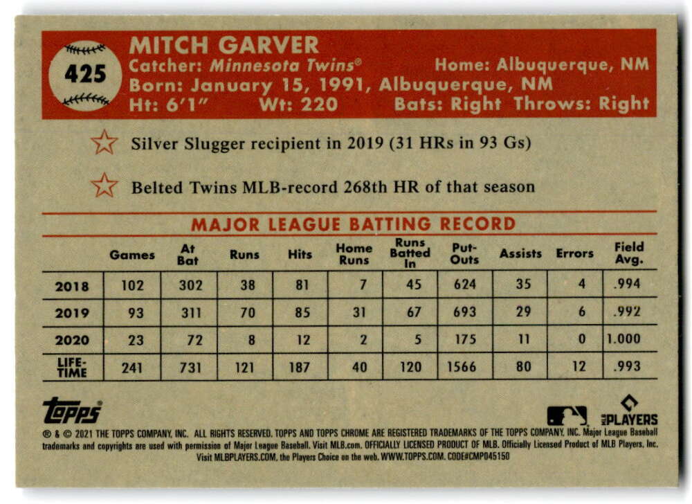 Baseball card featuring Mitch Garver statistics from 2021 Topps Chrome Platinum Anniversary