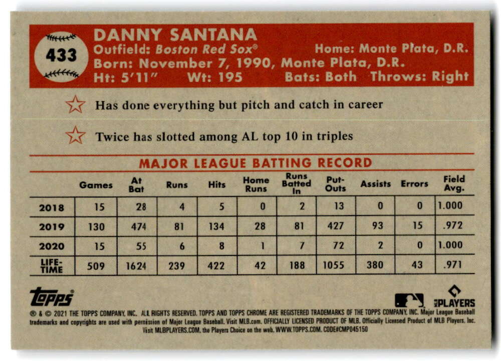 Danny Santana MLB statistics on 2021 Topps Chrome Platinum Anniversary Red Sox card